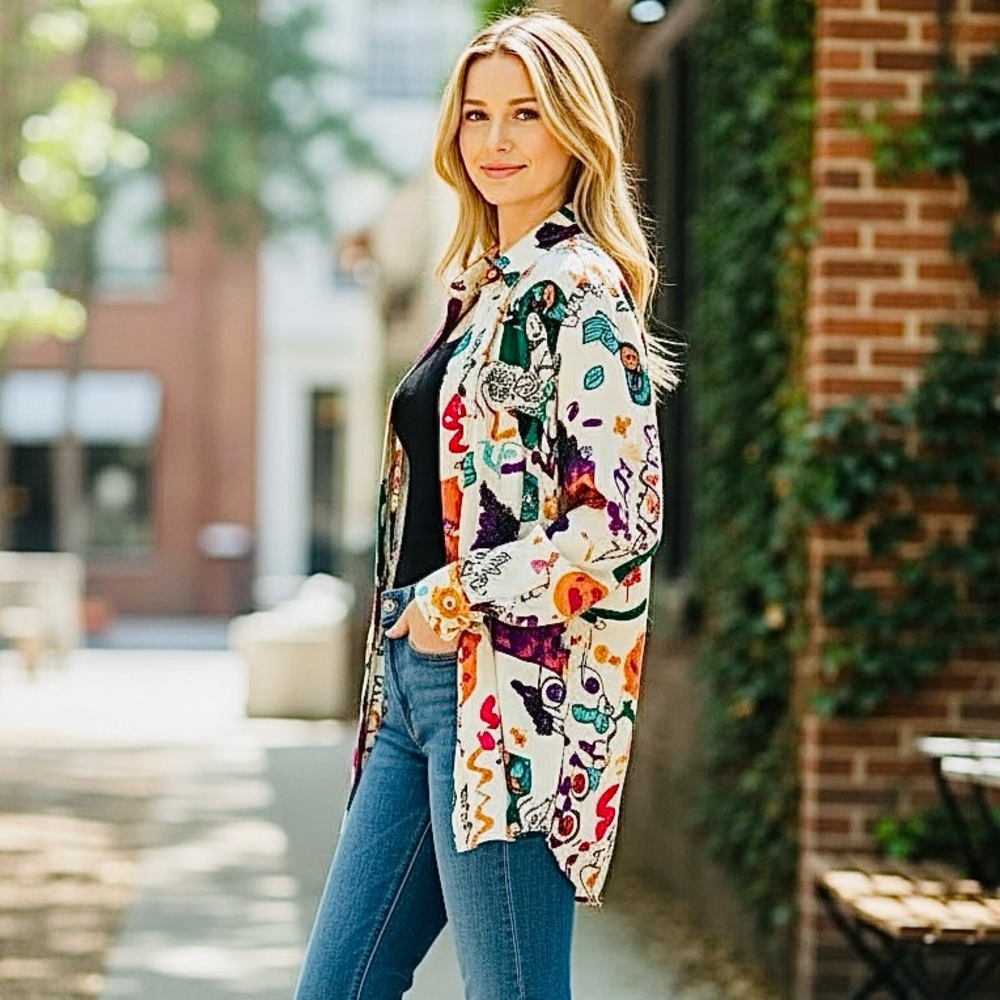 100% Rayon Blouse | Colorful Art Print Top | Size Large